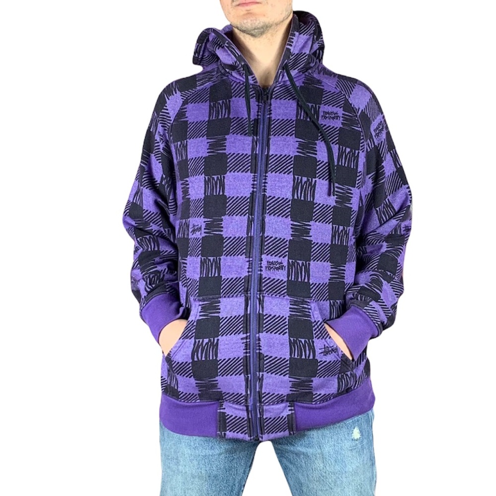 Stussy Purple Plaid Full Zip Hoodie Sweatshirt XL